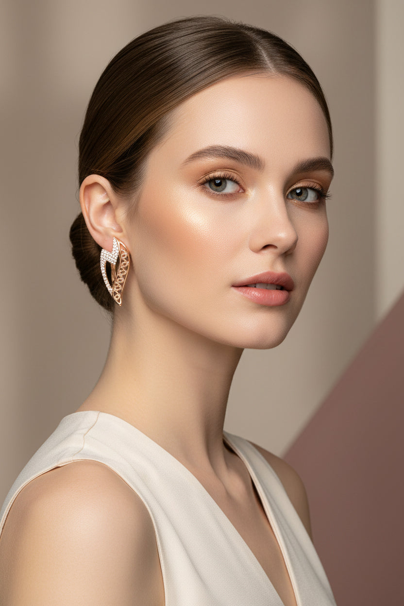 Rose gold earrings with intricate designs on a marble surface.